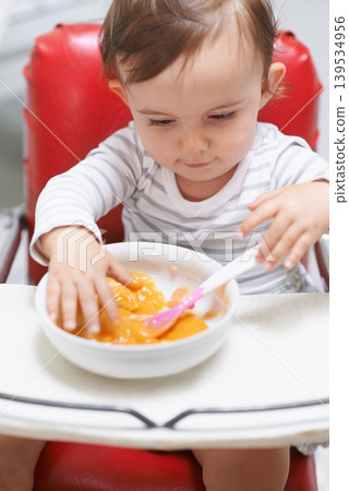 Baby, high chair and eating food in bowl for meal, nutrition or healthy porridge at home. Young, cute and adorable little child, kid or toddler playing with snack for hunger, vitamins or nutrients Baby, high chair and eating food in bowl for meal, nutrition or healthy porridge at home. Young, cute and adorable little child, kid or toddler playing with snack for hunger, vitamins or nutrients 139534956
