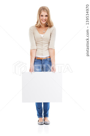 Portrait, woman and promotion with blank poster, review or opportunity isolated on a white studio background. Joy, person or model with mockup space, announcement or billboard with feedback and smile Portrait, woman and promotion with blank poster, review or opportunity isolated on a white studio background. Joy, person or model with mockup space, announcement or billboard with feedback and smile 139534970