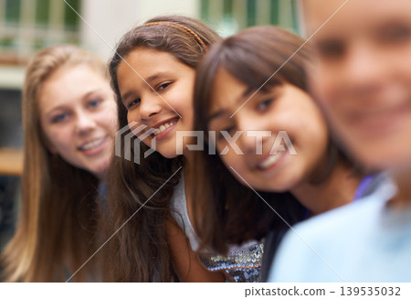 Girl, portrait and happy outdoor at school with confidence and pride for learning, education or knowledge. Student, person or face with smile in building or hallway before class or ready to study Girl, portrait and happy outdoor at school with confidence and pride for learning, education or knowledge. Student, person or face with smile in building or hallway before class or ready to study 139535032