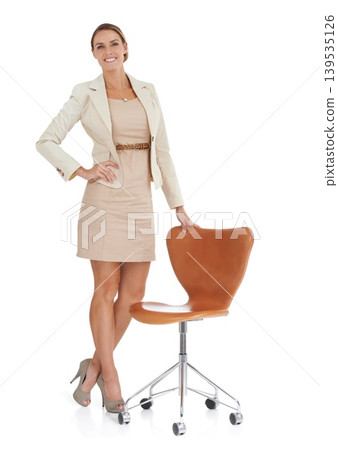 Businesswoman, professional and smile in portrait, pride and confidence in studio by white background. Female person, worker and happy face for career, relaxing and chair or opportunity and positive Businesswoman, professional and smile in portrait, pride and confidence in studio by white background. Female person, worker and happy face for career, relaxing and chair or opportunity and positive 139535126
