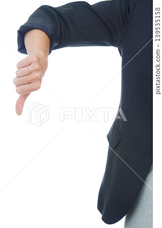 Businessperson, thumbs down and negative in studio, sign and dislike emoji by white background. Professional, employee and icon or symbol for review, vote and disagreement for corporate mistake Businessperson, thumbs down and negative in studio, sign and dislike emoji by white background. Professional, employee and icon or symbol for review, vote and disagreement for corporate mistake 139535158