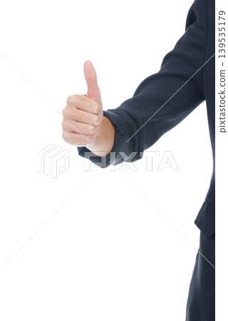Businessperson, thumbs up and agreement in studio, sign and approval emoji by white background. Professional, employee and icon or symbol for promotion, thank you and satisfaction or corporate winner 139535179