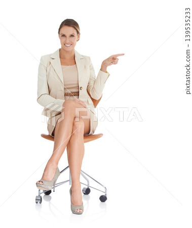 Pointing to space, chair or portrait of businesswoman with presentation mockup, offer or about us. White background, studio or happy advisor showing a discount, promotion announcement or investment Pointing to space, chair or portrait of businesswoman with presentation mockup, offer or about us. White background, studio or happy advisor showing a discount, promotion announcement or investment 139535233