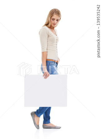 Woman, card or poster mockup with advertising, presentation or announcement with information on white background. About us, coming soon or sign up with news, marketing or ads with board in studio Woman, card or poster mockup with advertising, presentation or announcement with information on white background. About us, coming soon or sign up with news, marketing or ads with board in studio 139535242
