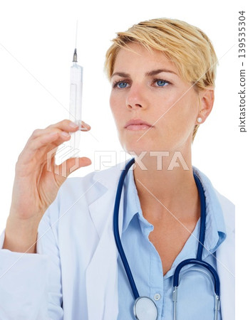 Woman, doctor and syringe for immunity or vaccine in studio, healthcare and treatment for disease. Medical professional, injection and virus prevention or medication and needle by white background Woman, doctor and syringe for immunity or vaccine in studio, healthcare and treatment for disease. Medical professional, injection and virus prevention or medication and needle by white background 139535304