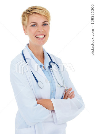 Doctor, woman and portrait in studio with arms crossed for healthcare service, clinic and hospital career on a white background. Happy face of medical worker or person with professional health or job Doctor, woman and portrait in studio with arms crossed for healthcare service, clinic and hospital career on a white background. Happy face of medical worker or person with professional health or job 139535306