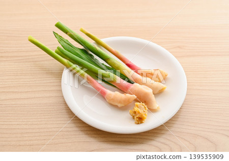 Ginger from Yanaka served on a plate with miso paste. Ginger from Yanaka served on a plate with miso paste. 139535909