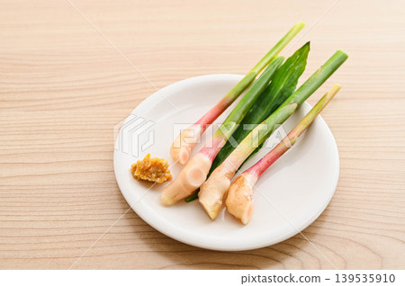 Ginger from Yanaka served on a plate with miso paste. Ginger from Yanaka served on a plate with miso paste. 139535910