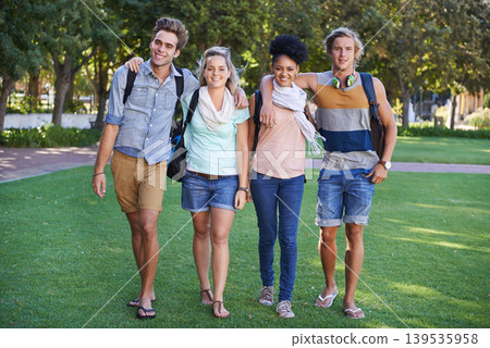 College, students and portrait in the park with friends on campus to study together with happiness. University, academy and people with diversity or support in education or walking in garden to class College, students and portrait in the park with friends on campus to study together with happiness. University, academy and people with diversity or support in education or walking in garden to class 139535958