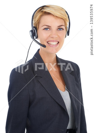 Woman, portrait and call centre headset in studio, customer service and crm by white background. Female person, consultant and telemarketing agent or representative, hotline and technical support Woman, portrait and call centre headset in studio, customer service and crm by white background. Female person, consultant and telemarketing agent or representative, hotline and technical support 139535974