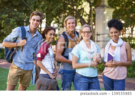 Portrait, group and college friends at park for studying, happy education and learning together. Diversity, gen z and university students at campus outdoor for knowledge, scholarship and community 139535985