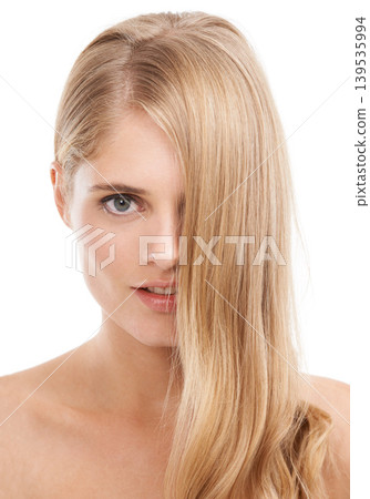Woman, hair and natural beauty with shine, healthy skin glow and dermatology on white background. Self care, wellness and model with haircare, skincare and growth, portrait and cosmetics in studio Woman, hair and natural beauty with shine, healthy skin glow and dermatology on white background. Self care, wellness and model with haircare, skincare and growth, portrait and cosmetics in studio 139535994