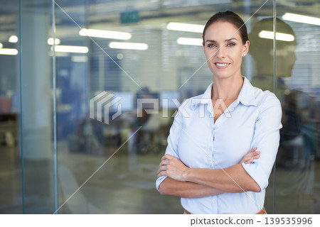 Portrait of business woman with arms crossed, mockup and confidence in career at digital agency. Advisor, professional female in tech startup or project manager in office space with smile on face. 139535996