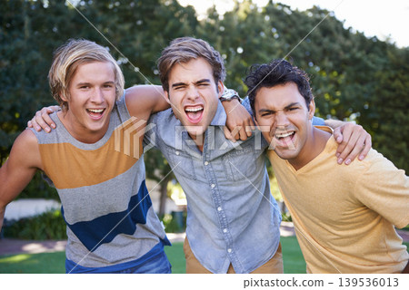Funny, portrait and friends in the park at college, campus or crazy together with happiness. University, academy or group bonding with support or solidarity in education or walk in garden after class Funny, portrait and friends in the park at college, campus or crazy together with happiness. University, academy or group bonding with support or solidarity in education or walk in garden after class 139536013