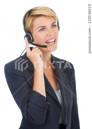 Woman, representative and call centre headset in studio, customer service and crm by white background. Female person, consultant and telemarketing agent or helpdesk, hotline and technical support 139536018
