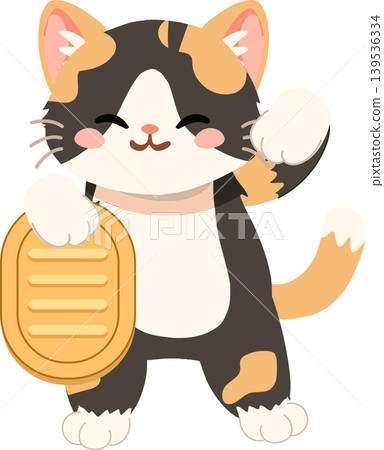 kawaii maneki neko cat waving its paw with a koban coin for festive fortune wealth and good luck kawaii maneki neko cat waving its paw with a koban coin for festive fortune wealth and good luck 139536334