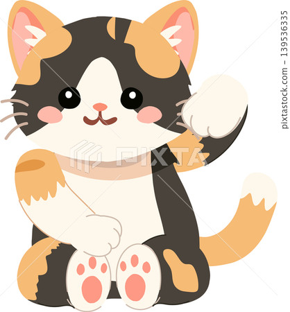 Cute calico kitten waving one paw for sticker and nursery design Cute calico kitten waving one paw for sticker and nursery design 139536335