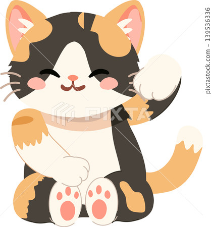 Happy calico cat character with raised paw and pink cheeks Happy calico cat character with raised paw and pink cheeks 139536336