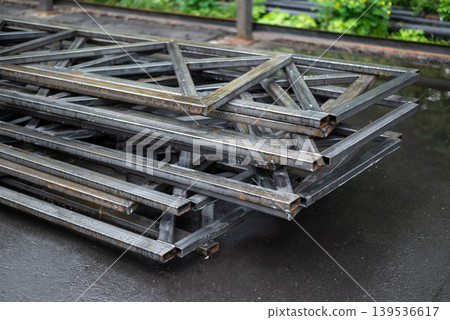 Stack of welded steel rectangular frames for construction and industrial metalwork manufacturing. Stack of welded steel rectangular frames for construction and industrial metalwork manufacturing. 139536617
