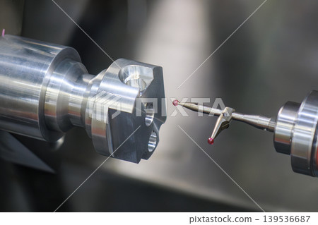 Automated dimension confirmation on a CNC lathe machine using a high-precision CMM touch probe. Automated dimension confirmation on a CNC lathe machine using a high-precision CMM touch probe. 139536687