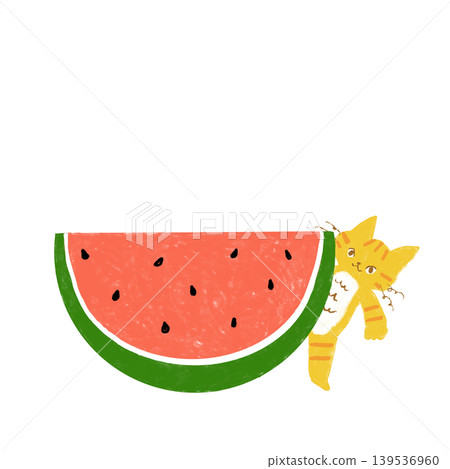 一隻虎斑貓從西瓜裡探出頭來-夏季插畫 一隻虎斑貓從西瓜裡探出頭來-夏季插畫 139536960