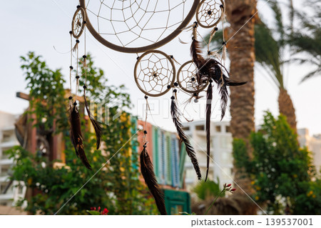 Dreamcatcher with natural feathers and beads in outdoor setting Dreamcatcher with natural feathers and beads in outdoor setting 139537001