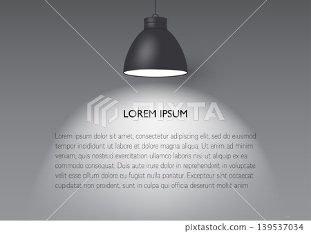 3d minimalist black pendant lamp hanging from celling with glowing light on blank wall background vector illustration 3d minimalist black pendant lamp hanging from celling with glowing light on blank wall background vector illustration 139537034