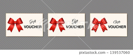 Red ribbon gift voucher set with elegant bow designs vector illustration Red ribbon gift voucher set with elegant bow designs vector illustration 139537060