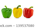 Three fresh green, yellow and red bell peppers on white background with clipping path 139537080