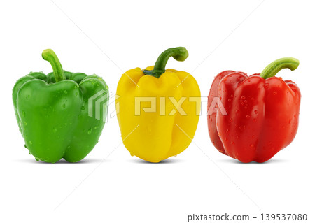 Three fresh green, yellow and red bell peppers on white background with clipping path 139537080
