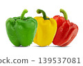 Three fresh green, yellow and red bell peppers on white background with clipping path 139537081