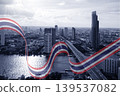 Transparent of national Thai flag fluttering above Bangkok city background, top view 139537082