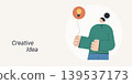 Flat design of a thoughtful character holding a light bulb balloon while thinking, symbolizing creative idea and innovation, ideal for business, education, and startup content. 139537173