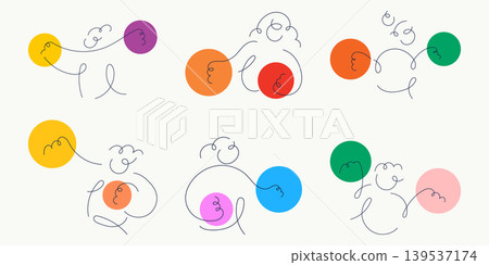 Flat design collection of six doodle line art characters with colorful circle shapes, symbolizing diversity and creativity, ideal for branding, social media, and playful design content. Flat design collection of six doodle line art characters with colorful circle shapes, symbolizing diversity and creativity, ideal for branding, social media, and playful design content. 139537174