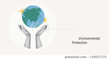 Trendy Halftone Collage of two halftone hands holding a globe earth with star burst elements, symbolizing environmental protection and sustainability, ideal for ecology and CSR content. 139537175