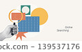 Trendy Halftone Collage of a halftone hand holding a magnifying glass over colorful geometric shapes, symbolizing online searching and data discovery, ideal for technology and research content. 139537176