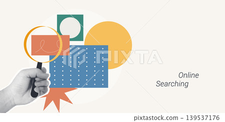 Trendy Halftone Collage of a halftone hand holding a magnifying glass over colorful geometric shapes, symbolizing online searching and data discovery, ideal for technology and research content. 139537176