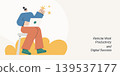 Flat design of a productive character sitting on a chair working on a laptop with star burst elements, symbolizing remote work productivity and digital success, ideal for freelance and business conten 139537177