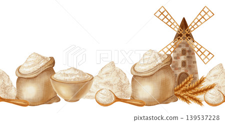 Seamless watercolor border featuring a stone mill, sacks of white flour, and ears of wheat. Perfect for decorating bakeries, food packaging, and baked goods. Seamless watercolor border featuring a stone mill, sacks of white flour, and ears of wheat. Perfect for decorating bakeries, food packaging, and baked goods. 139537228