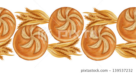 Watercolor seamless border of round bread loaves with wheat stalks. Hand drawn rustic bakery illustration. Perfect for decorating kitchens, food, and baked goods. 139537232