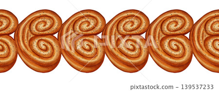 Watercolor seamless frame with fresh sesame buns. Hand-drawn illustration of golden crispy buns for bakery design, kitchen decor, and baked goods packaging. 139537233