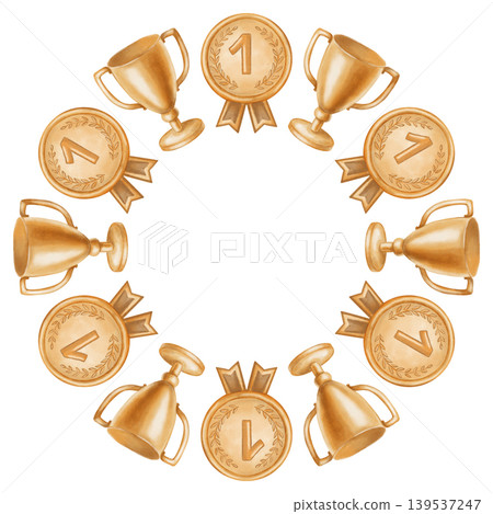 Watercolor victory wreath featuring gold trophies and first place medals. Hand drawn frame for sports awards, championship winners, tournament success, and achievement recognition. Watercolor victory wreath featuring gold trophies and first place medals. Hand drawn frame for sports awards, championship winners, tournament success, and achievement recognition. 139537247