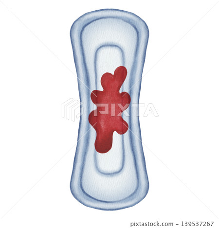 Watercolor illustration of sanitary pads. The pad features a red blood stain, symbolizing menstrual flow and the reality of menstruation. Ideal for use in healthcare and education. Watercolor illustration of sanitary pads. The pad features a red blood stain, symbolizing menstrual flow and the reality of menstruation. Ideal for use in healthcare and education. 139537267