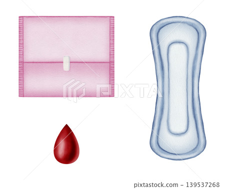 A set of watercolor illustrations includes a menstrual pad, blood flow stimulating drops, and pink individual packaging. The blood droplets represent the pad's absorbency. Feminine hygiene A set of watercolor illustrations includes a menstrual pad, blood flow stimulating drops, and pink individual packaging. The blood droplets represent the pad's absorbency. Feminine hygiene 139537268