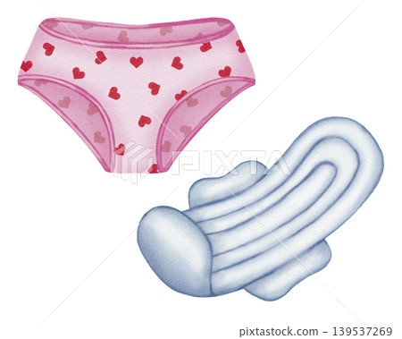 Hand-drawn watercolor set of pink heart-patterned panties and a sanitary napkin. Feminine hygiene and comfort concept during menstrual cycle. Cute and delicate design for women's wellness Hand-drawn watercolor set of pink heart-patterned panties and a sanitary napkin. Feminine hygiene and comfort concept during menstrual cycle. Cute and delicate design for women's wellness 139537269