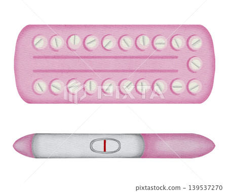 Watercolor illustration of oral contraceptive pills in a pink blister pack and a pregnancy test with a negative result. Concept of birth control, family planning, and women's health Watercolor illustration of oral contraceptive pills in a pink blister pack and a pregnancy test with a negative result. Concept of birth control, family planning, and women's health 139537270