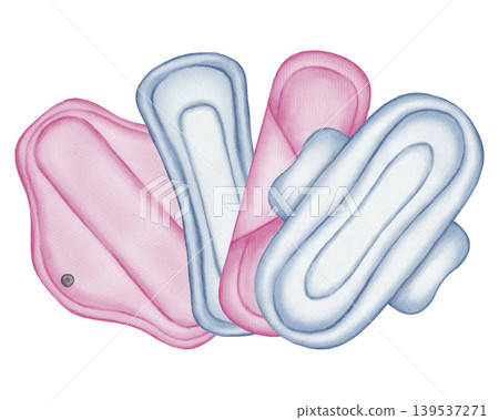 A set of watercolor-printed reusable cloth menstrual pads and disposable pads. Eco friendly feminine hygiene products, zero waste lifestyle, washable fabric pads for menstrual care A set of watercolor-printed reusable cloth menstrual pads and disposable pads. Eco friendly feminine hygiene products, zero waste lifestyle, washable fabric pads for menstrual care 139537271