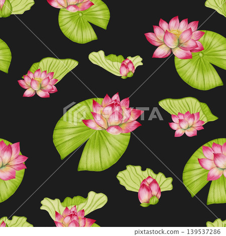 Lotus flower seamless pattern. An illustration of a pink water lily hand painted. Ideal for textiles, wallpaper, romantic decor, cosmetics, and medical products. Lotus flower seamless pattern. An illustration of a pink water lily hand painted. Ideal for textiles, wallpaper, romantic decor, cosmetics, and medical products. 139537286