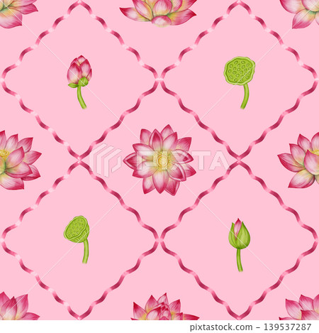 Seamless pattern with a lotus flower. A hand-drawn illustration of a pink water lily using a ribbon mesh. Perfect for textiles, wallpaper, romantic decor, cosmetics, and medical products. Seamless pattern with a lotus flower. A hand-drawn illustration of a pink water lily using a ribbon mesh. Perfect for textiles, wallpaper, romantic decor, cosmetics, and medical products. 139537287