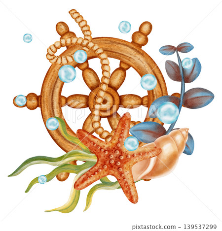 Watercolor marine composition with wooden ship wheel, orange starfish, seashells and sea plants. Bright illustrations, suitable for cheerful summer designs, textiles. Print for children's. Watercolor marine composition with wooden ship wheel, orange starfish, seashells and sea plants. Bright illustrations, suitable for cheerful summer designs, textiles. Print for children's. 139537299